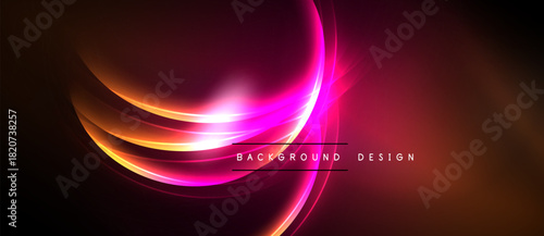 Abstract design features vibrant pink, orange curves. Dark background enhances glowing effect. Modern, dynamic composition.