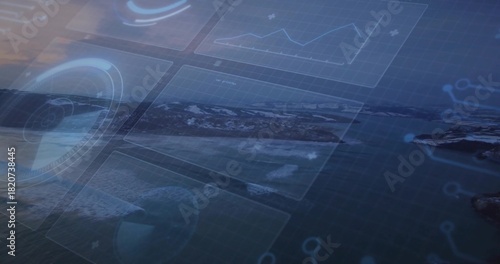 Displaying aerial coastal seascape blending light HUD elements data panels grid over ocean rocks © vectorfusionart