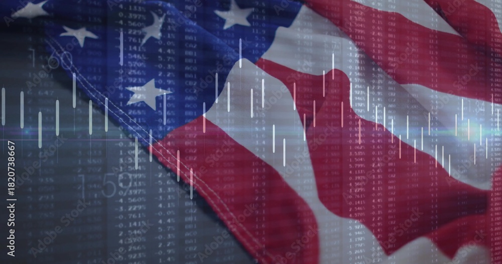 Naklejka premium Displaying American flag fabric waving in studio, overlaying candlestick charts and tickers