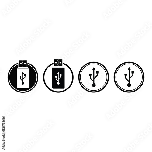 Collection of usb flash drive and usb symbol icons in circles