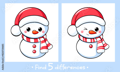 Educational Game for Kids. Find five Differences Activity For Preschool Children. Find 5 differences education game for kids with cute snowman. Merry Christmas theme. Vector Illustration EPS8