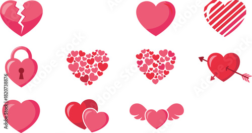 Heart icon vector set, emotional symbols, love, romance, heartbreak, padlock heart, wings, glossy, striped, layered, decorative design