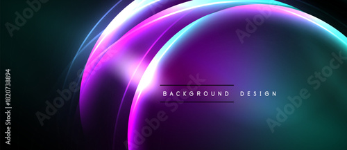 Abstract neon lights create vibrant curved shapes. Dark background emphasizes glowing purple, teal hues. Modern design element.