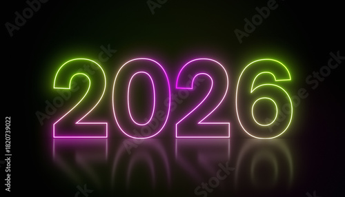 Illustration of abstract neon lights with the numbers 2026 in green and magenta over dark background on a reflective floor - represents the new year - vacation concept.