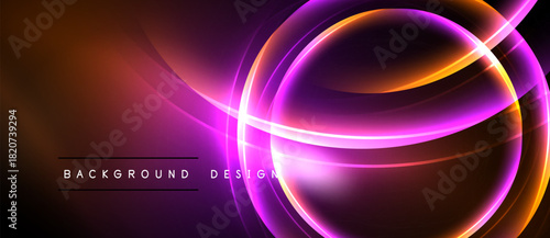 Bright neon lines form abstract circles, curves. Orange, purple hues dominate dark background. Modern design element.