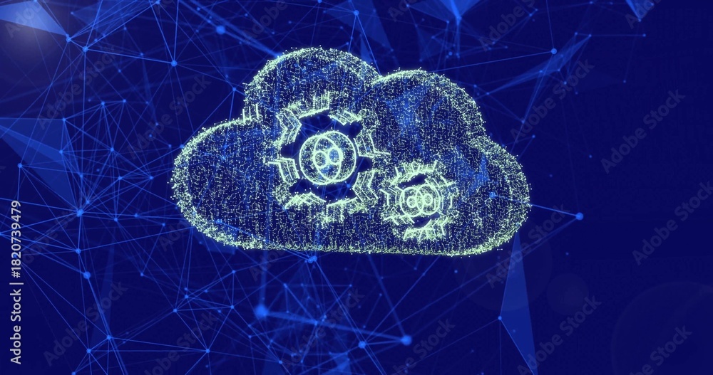 Naklejka premium Glowing particle cloud containing two gear icons pulsing in virtual cyberspace with network nodes