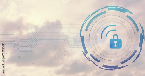 Displaying blue padlock in concentric HUD rings, emitting wireless arcs over cloudy sky, copy space