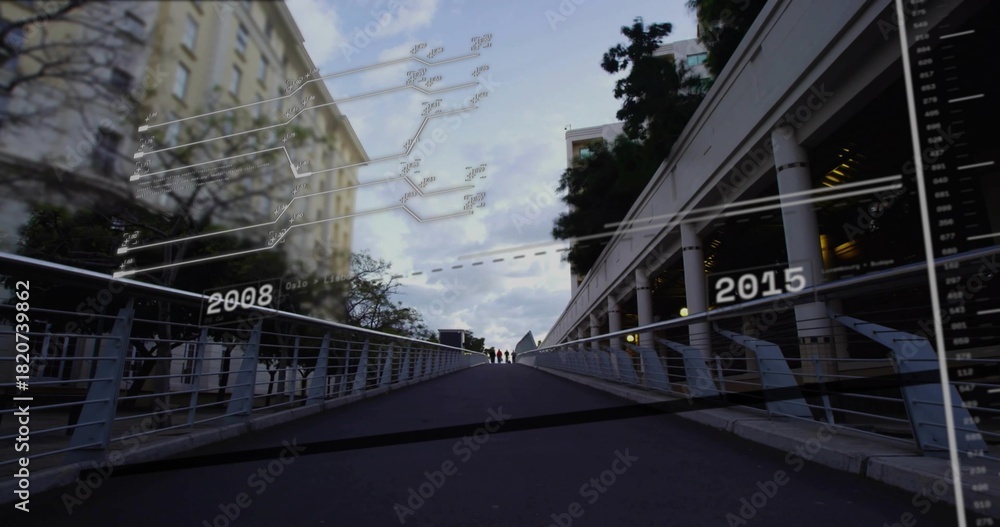 Fototapeta premium Walking pedestrians wearing coats ascending footbridge with metal rails HUD labels 2008 2015