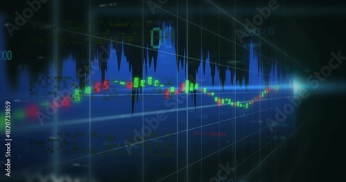 Rendering market chart on digital monitor, highlighting candlestick markers and blue waveform