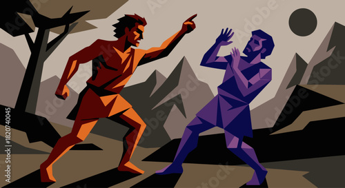 Dramatic Flat Vector Moment
Cain confronting Abel in a bold flat vector style, sharp geometric shapes, dark contrasting shadows, expressive poses, simplified landscape, modern dramatic illustration.
