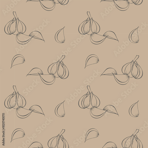 Seamless pattern with Garlic cloves on beige and brown background, hand-drawn outline. Cooking and spices, aromatic food.