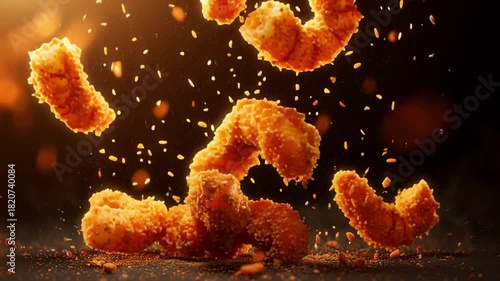 Golden breaded chicken tenders suspended in midair with fiery crumbs and spices flying around them, creating a dynamic and appetizing food action shot