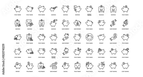 Piggy bank icon set collection. Containing invest, trust, value, arrows, loss, management, note .Line vector icons collection