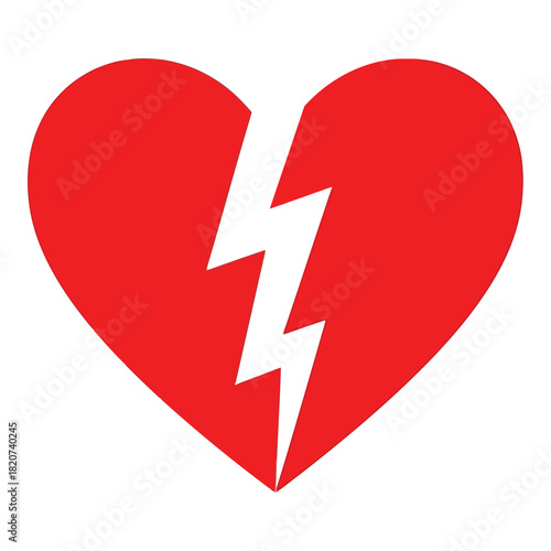 Red broken heart with white lightning bolt symbol on white background