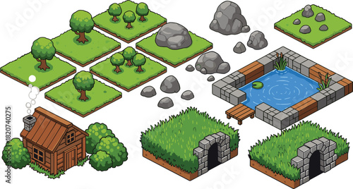 High-Quality Isometric Pixel Art Game Assets, 2D Retro Environment, Landscape Tile Set, Wooden Cabin, Trees, Pond, Rocks, and Cave Entrance.