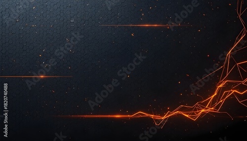 Dark grey abstract horizontal banner with hexagon carbon fiber grid and glowing orange neon lines