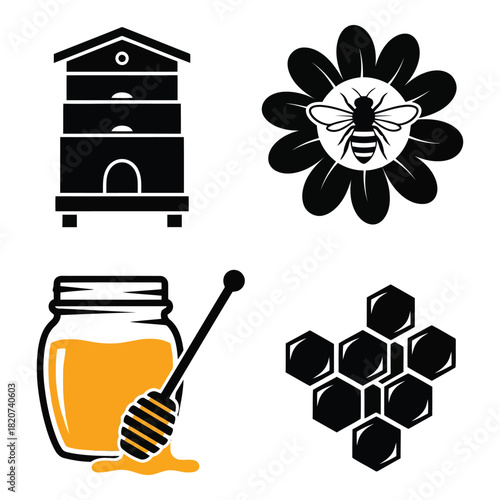 Collection of bee and honey icons on white background