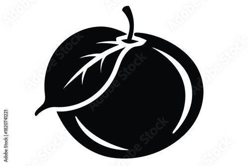 A monochromatic drawing presents a stylized plum featuring a distinctive leaf and short stem