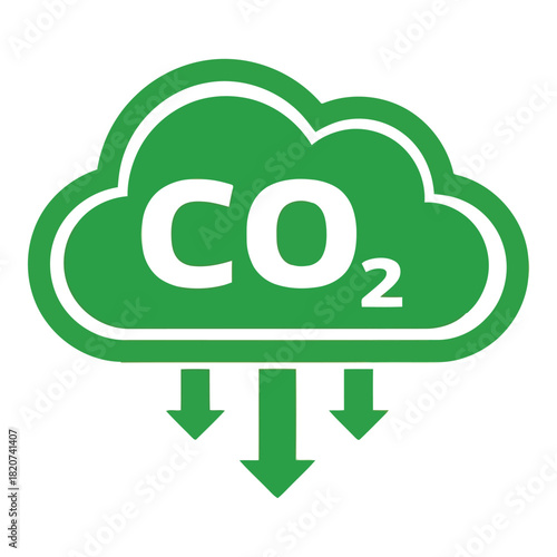 Green cloud icon with co2 symbol and downward arrows representing carbon reduction