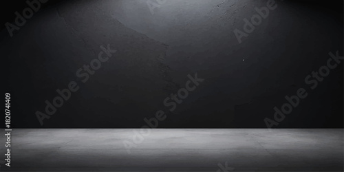 Dark blue grunge wall texture in an empty vintage room with spotlights and concrete floor