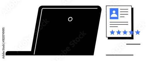 Laptop and user profile document featuring star ratings, representing online reviews, performance evaluations, user feedback, and digital profiles. Ideal for reputation management, recruitment, job