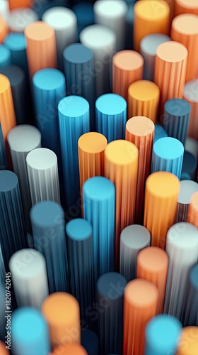 A close-up, abstract view of numerous vertical cylinders in various shades of blue, orange, and gray, arranged in a dense, grid-like pattern.