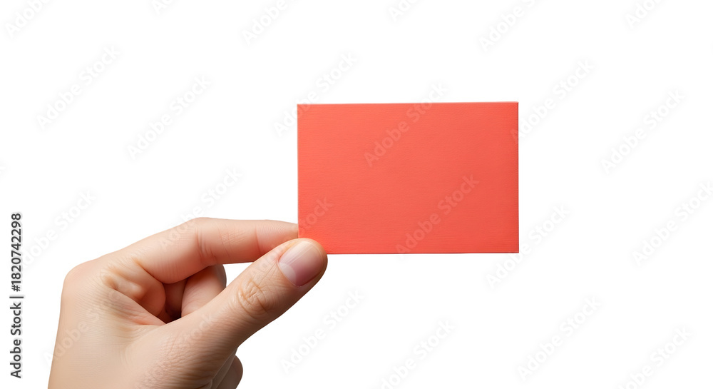 Obraz premium Human hand elegantly presents a vivid red blank card, a pristine canvas ready for your custom message, branding, or creative design