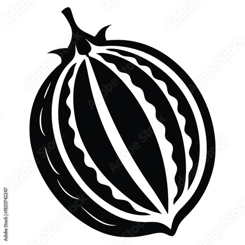 Black silhouette shows a gooseberry with visible skin stripes in simple artwork