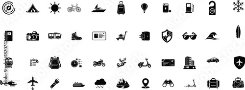 Diverse collection of black and white silhouette icons representing various objects concepts and symbols for design and illustration purposes on white background