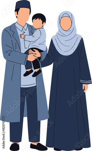 Muslim family vector illustration, traditional clothing, cultural identity, Islamic parents with child, modest fashion, Middle Eastern style, unity, heritage, diversity