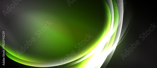 Abstract design features flowing curves, vibrant green hues, soft light. Minimalist composition creates dynamic visual impact.