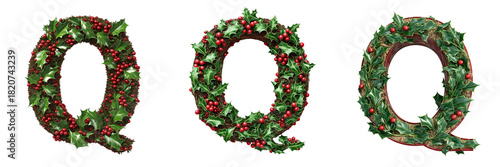 Three Christmas Q letters with holly isolated on a transparent background