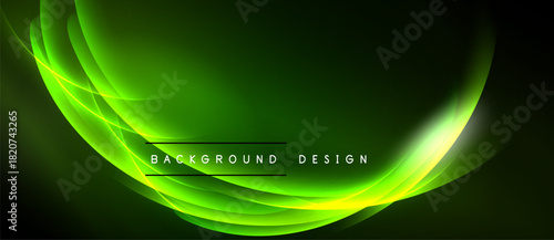 Bright green abstract waves form dynamic background. Smooth curves create glowing effect, text present. Dark edges frame vibrant center.