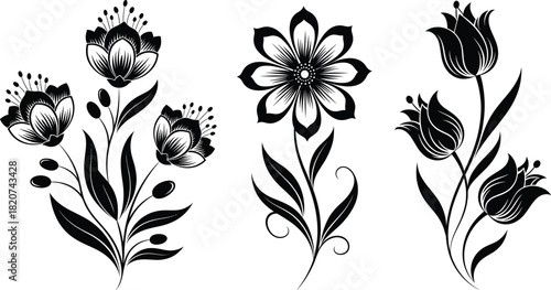 Elegant Black Floral Ornament Set – Decorative Botanical Silhouette Designs for Crafts and Patterns