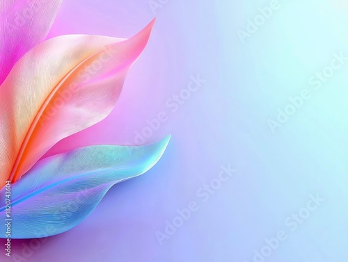 Close-up of abstract, flowing shapes resembling feathers, rendered in a soft gradient of pink, orange, blue, and purple hues against a smooth, pastel background