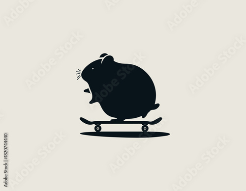 plump black rodent character energetically skateboarding with a joyful expression and a simple line art design.