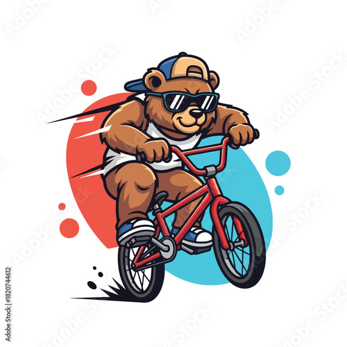 A cool cartoon bear wearing sunglasses and a backwards cap does a wheelie on a red BMX bike.