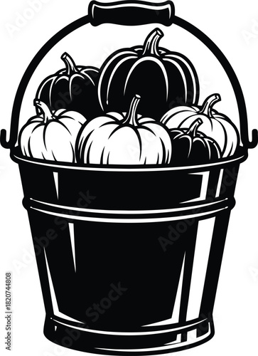 Black and white illustration of a bucket filled with pumpkins