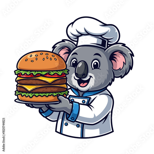 A cute cartoon koala dressed as a chef proudly holding a large double cheeseburger on a plate.