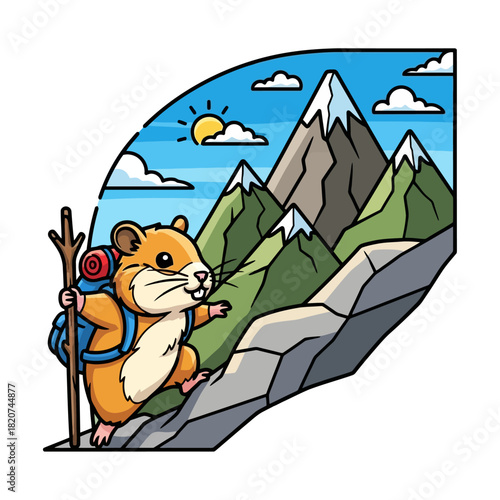 A cute cartoon hamster with a backpack and walking stick hiking up a scenic mountain trail.