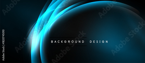Abstract blue light curves form elegant backdrop. Dark background enhances glowing effect, creating modern visual.