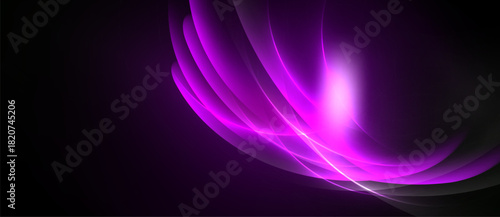 Abstract purple light curves radiate from bright center. Dark background emphasizes glowing shapes, creating dynamic visual effect.