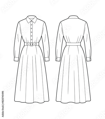 Women's Long Shirt Dress Technical Flat Sketch Vector Illustration with Full A-Line Skirt, Classic Collar, Long Sleeves, and Buckle Belt Detail for Fashion CAD.