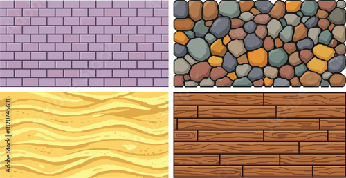 Surface texture vector set, brick wall, cobblestone pattern, sandy texture, wooden planks, construction materials, design backgrounds, architectural illustration
