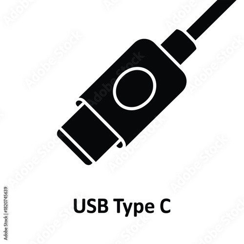Black silhouette of a usb type c connector and cable