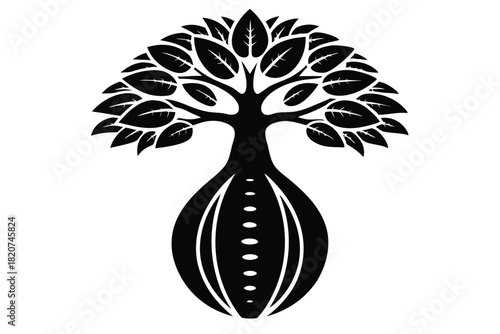 Artistic black tree with leaf detail sprouts from an elliptical shape design