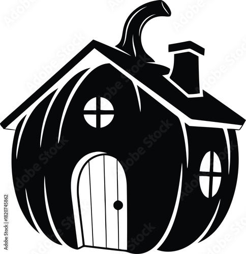 Whimsical pumpkin house with chimney and round windows