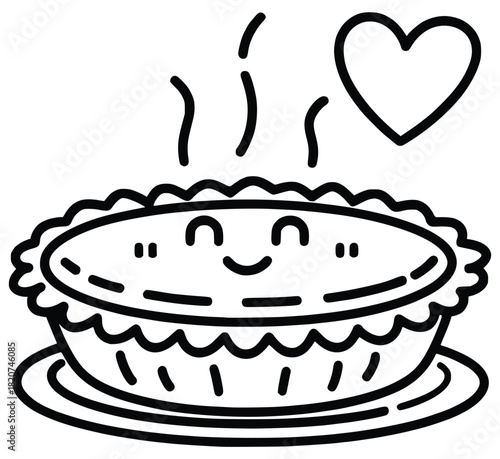 Smiling Pie: A heartwarming illustration of a steaming pie, with a smiling face and a floating heart, expressing warmth and love.