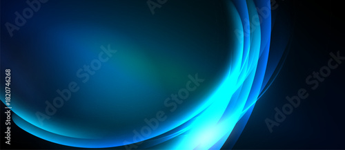 Abstract blue waves, flowing curves, dynamic light. Dark background emphasizes bright energy, smooth gradients create depth.
