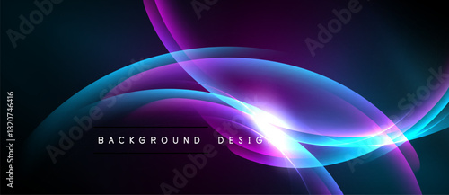 Abstract flowing lines, vibrant colors, dark background. Modern design elements create dynamic visual effect. Light flares add depth.